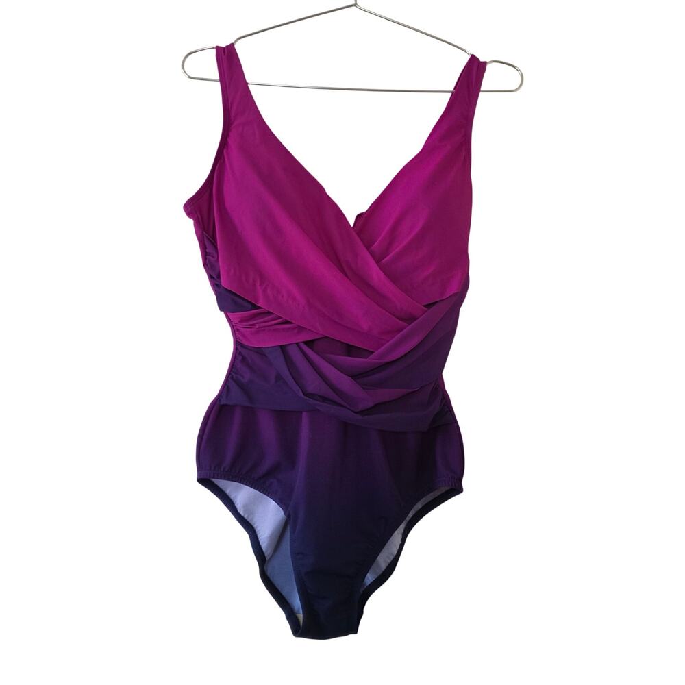 Lands End Ombre Colorblock Wrap One Piece Swimsuit Pink Purple Womens Size 12
